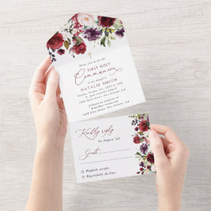 Rote Blumen, rosa Blumen, erste heilige Kommunion All In One Einladung
