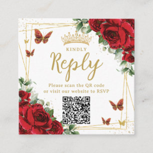 Rote Blumen Schmetterlinge Quinceanera RSVP QR Cod Begleitkarte