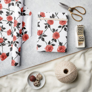 Rote Blumen Schwarze Blätter Geburtstag Geschenkpapier