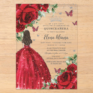 Rote Blumen Silberne Schmetterlinge Quinceañera Sw Acryleinladungen