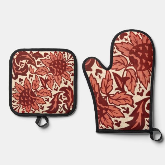 Rote Blumen und Früchte Antik-Muster Ofenhandschuh & Topflappen-Set (Vorderseite)