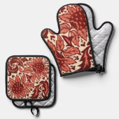 Rote Blumen und Früchte Antik-Muster Ofenhandschuh & Topflappen-Set (Vorderseite/Rückseite)