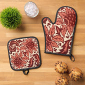Rote Blumen und Früchte Antik-Muster Ofenhandschuh & Topflappen-Set (Oben Unten)