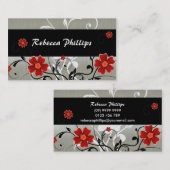 Rote Blumen und Silhouette auf Silber Visitenkarte (Vorne/Hinten)