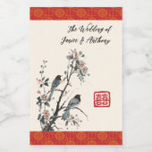 Rote Blumen Vögel moderne chinesische Hochzeit Weinetikett (Einzelnes Label)