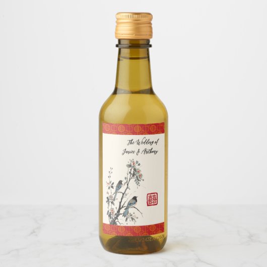Rote Blumen Vögel moderne chinesische Hochzeit Weinetikett (Vorderseite)