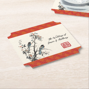 Rote Blumen-Vogel-Orientalische chinesische Hochze Untersetzer