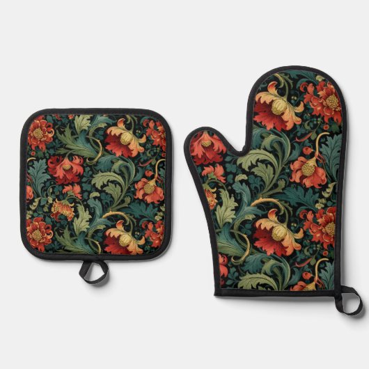 Rote Blumen William Morris Ofenhandschuh & Topflappen-Set (Vorderseite)