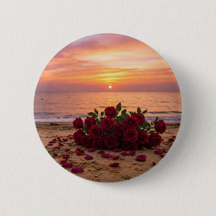 Rote Blumenbrosche mit Blick auf einen Strand Button