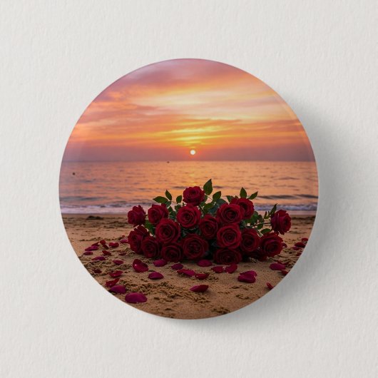 Rote Blumenbrosche mit Blick auf einen Strand Button (Vorderseite)