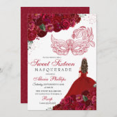 Rote Blumenmasquerade Sweet 16 Einladung (Vorne/Hinten)