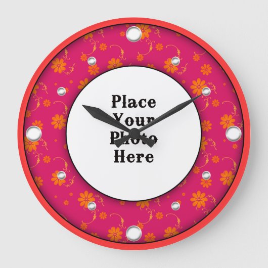 Rote Blumenrahmen Ihre Foto-Uhr Große Wanduhr (Vorderseite)