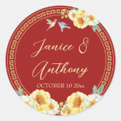 Rote Blumenvögel Chinesische Hochzeit Runder Aufkleber (Vorderseite)