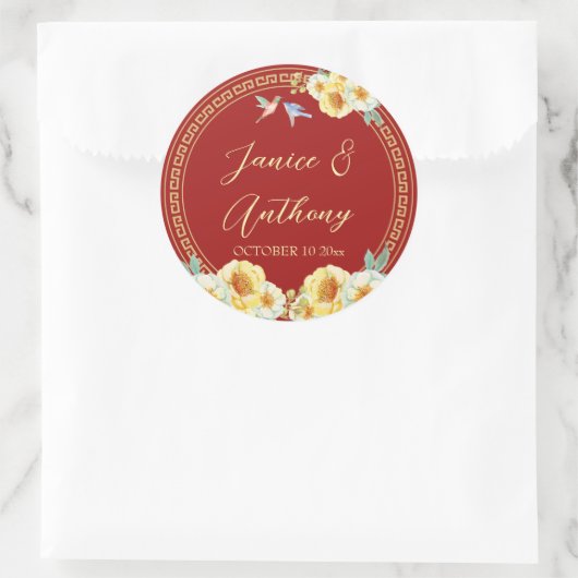 Rote Blumenvögel Chinesische Hochzeit Runder Aufkleber (Tasche)
