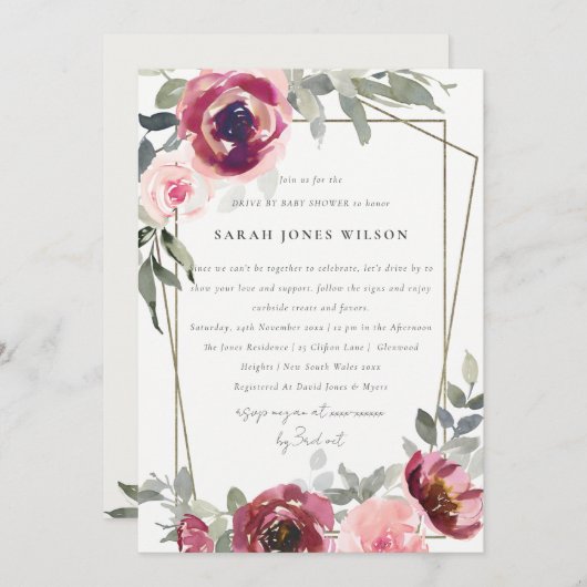 ROTE BLUSH ROSE FLORAL DRIVE BY BABY SHOWITE EINLA DANKESKARTE (Vorne/Hinten)