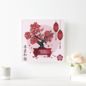 Rote Blüte bonsai 'Seek harmonie' in chinesischer  Quadratische Wanduhr (Zuhause)
