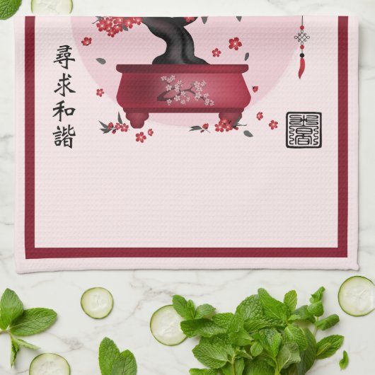 Rote Blüte bonsai 'Seek harmony' in Chinesisch Geschirrtuch (Gefaltet)