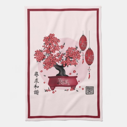 Rote Blüte bonsai 'Seek harmony' in Chinesisch Geschirrtuch (Vertikal)