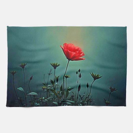 Rote Blüte im dunklen Nebel Design Geschirrtuch (Horizontal)