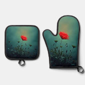 Rote Blüte im dunklen Nebel Design Ofenhandschuh & Topflappen-Set (Vorderseite)