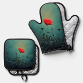 Rote Blüte im dunklen Nebel Design Ofenhandschuh & Topflappen-Set (Vorderseite/Rückseite)