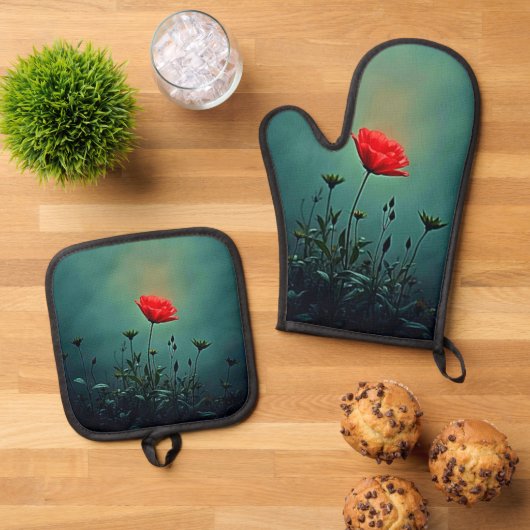 Rote Blüte im dunklen Nebel Design Ofenhandschuh & Topflappen-Set (Oben Unten)