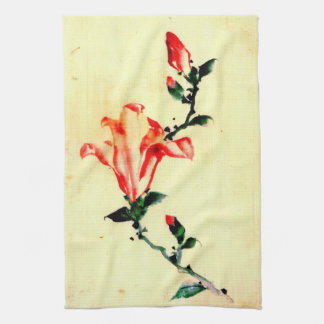 Rote Blüte mit Knospen 1840 Geschirrtuch