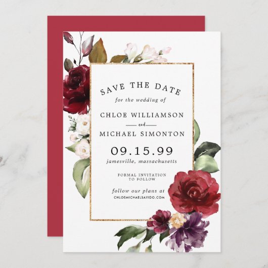 Rote Blüte und Gold Save The Date (Vorne/Hinten)