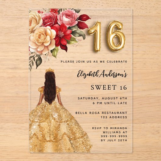 Rote Blüten aus Gold - Rose klar Acryleinladungen (Vorderseite)