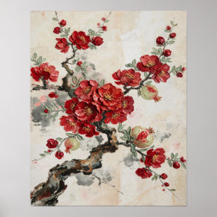 Rote Blüten Granatapfelzweig Ölmalerei Kunst Poster