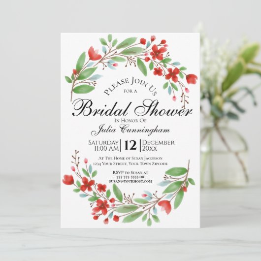 Rote Blüten Wasserfarbenes Brautparty Einladung (Stehend Vorderseite)