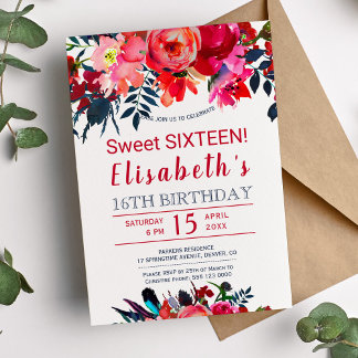 Rote Blütenbohoparbe Blume 16 . Geburtstag Einladung
