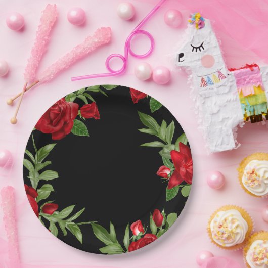 Rote Blütengrenze Schwarz Pappteller (Party)