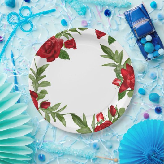 Rote Blütengrenze Weiß Pappteller (Party)