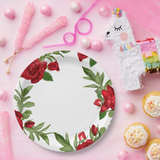 Rote Blütengrenze Weiß Pappteller (Party)