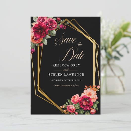 Rote Blütenhochzeit Save The Date (Stehend Vorderseite)