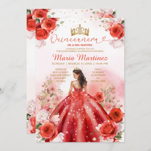 Rote BlütenPrinzessin Dress Gold Crown Quinceañera Einladung (Vorne/Hinten)