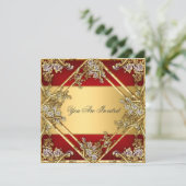 Rote Blütenrahmen-Party Einladung Gold Rot (Stehend Vorderseite)