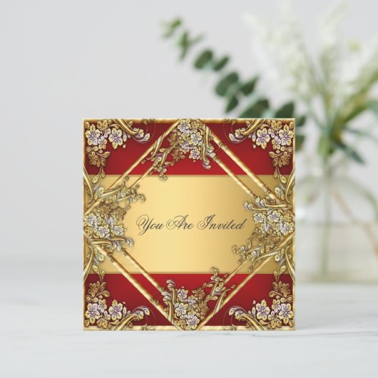 Rote Blütenrahmen-Party Einladung Gold Rot (Stehend Vorderseite)