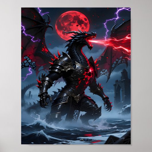 Rote Blutmond gepanzerte schwarze Drache Fantasy Poster (Vorne)