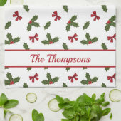 Rote Bogen und Weihnachts-Holzosen-Muster und Text Geschirrtuch (Gefaltet)