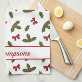 Rote Bogen und Weihnachts-Holzosen-Muster und Text Geschirrtuch (Viertel Falte)