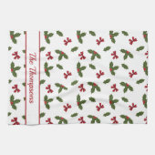 Rote Bogen und Weihnachts-Holzosen-Muster und Text Geschirrtuch (Horizontal)