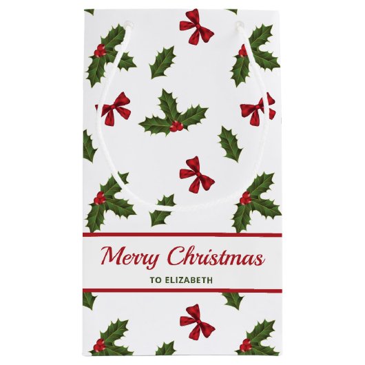 Rote Bogen und Weihnachts-Holzosen-Muster und Text Kleine Geschenktüte (Rückseite)