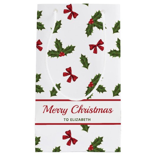 Rote Bogen und Weihnachts-Holzosen-Muster und Text Kleine Geschenktüte (Vorderseite)