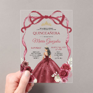 Rote Bogenrahmen Prinzessin Goldkrone Mädchen Quin Acryleinladungen