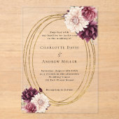 Rote Bordeaux-Elfenbeinflorale Gold klare Hochzeit Acryleinladungen (Vorderseite)