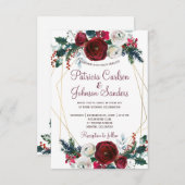 Rote bordeauxfarbene Zwerge Goldrahmen Hochzeit Einladung (Vorne/Hinten)