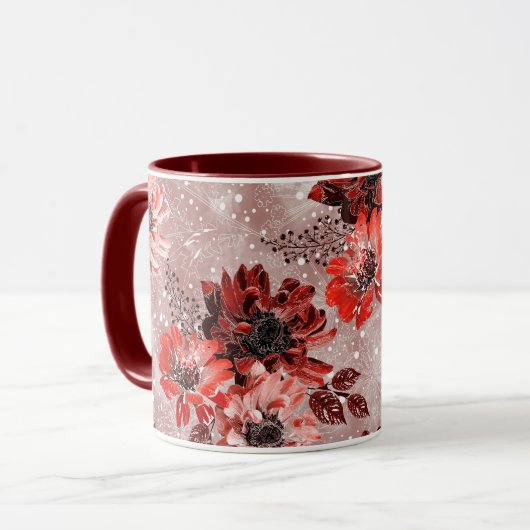 Rote, bordeauxrote Blume. Tasse (Vorderseite Links)