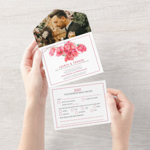 Rote Bougainvillea Aquarellfarben Hochzeit RSVP Op All In One Einladung